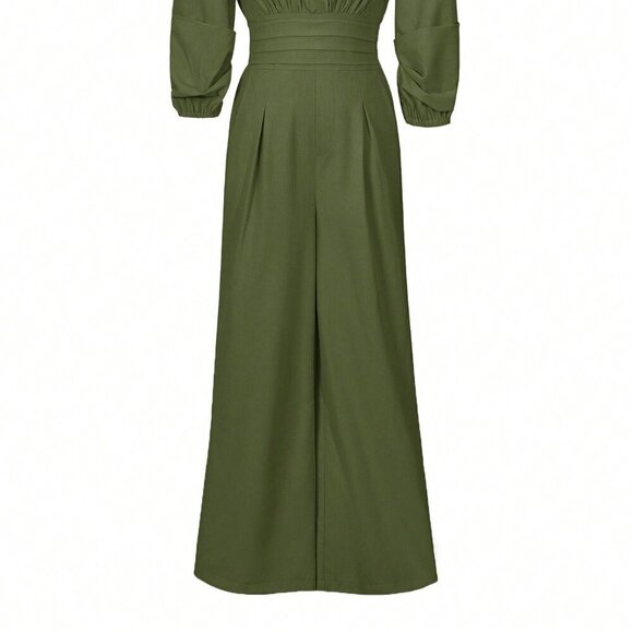 Army Green Elegant Women's Casual Solid Color Lantern Sleeve Jumpsuit - Picture 4 of 9
